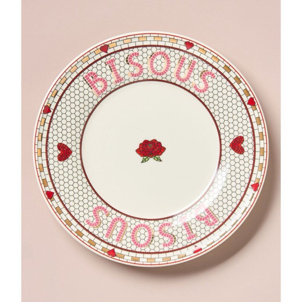Anthropologie Bistro Tile Valentine Dessert Plate 8" Bisous Rose Stoneware New